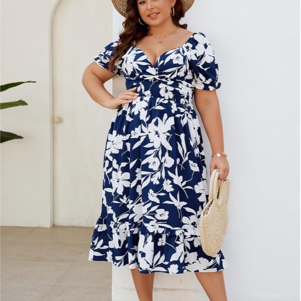 Women's Plus Size Floral Wrap Top Deep V Neck Midi Dress With Puff Short Sleeves